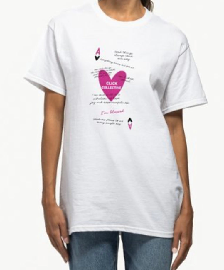 WHITE SHORT SLEEVE PINK HEART TSHIRT